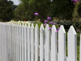 white picket fence with flowers.