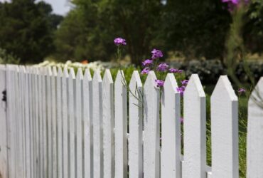 white picket fence with flowers.