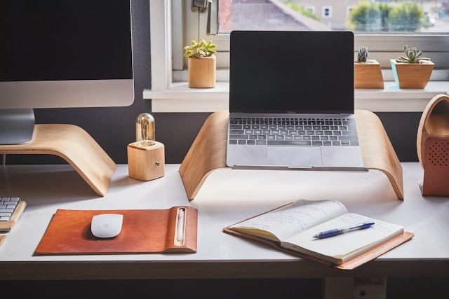 an organized desk in a home office.