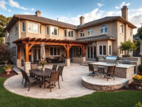 Outdoor living area with kitchen and dining areas.