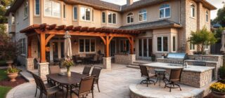 Outdoor living area with kitchen and dining areas.