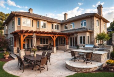 Outdoor living area with kitchen and dining areas.