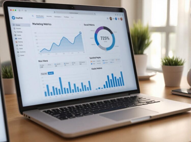 laptop displaying a dashboard of social media marketing metrics.