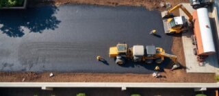 overhead view of a construction project where team is laying down asphalt paving.