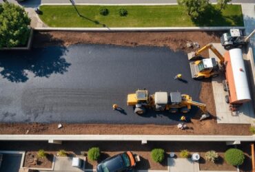 overhead view of a construction project where team is laying down asphalt paving.