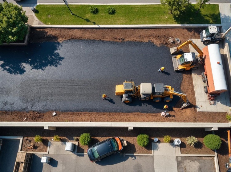 overhead view of a construction project where team is laying down asphalt paving.