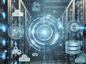 view of a server room with conceptual designs overlaid showing database management concepts.