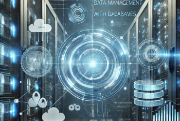 view of a server room with conceptual designs overlaid showing database management concepts.