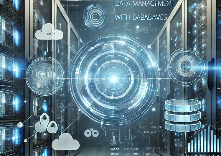 view of a server room with conceptual designs overlaid showing database management concepts.