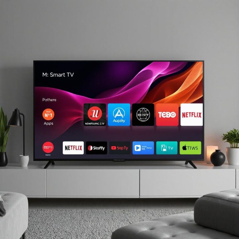 smart TV showing the home screen with multiple apps to choose from.