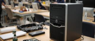 a desktop computer being disassembled for repair in a computer repair workshop.