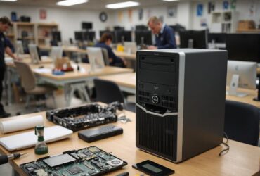 a desktop computer being disassembled for repair in a computer repair workshop.