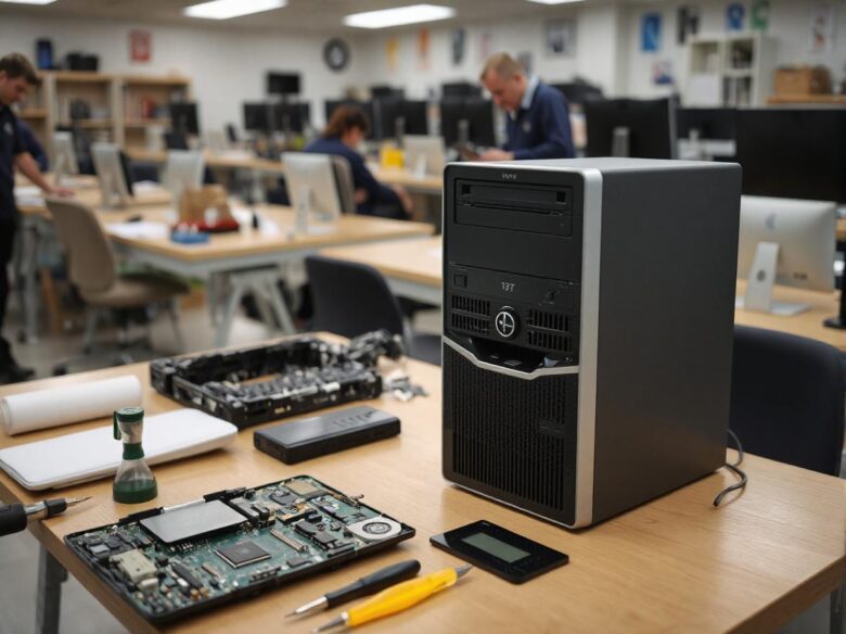 a desktop computer being disassembled for repair in a computer repair workshop.