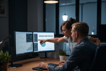 financial professionals looking at data on a computer.