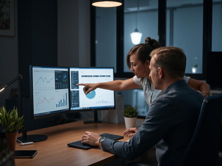 financial professionals looking at data on a computer.