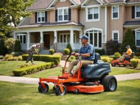 team of landscapers working in front of a suburban house.