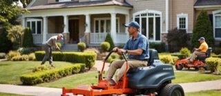 team of landscapers working in front of a suburban house.