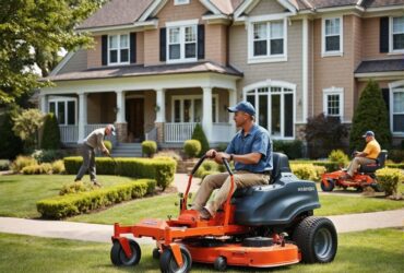 team of landscapers working in front of a suburban house.