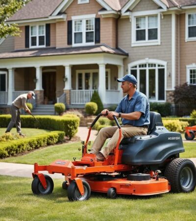 team of landscapers working in front of a suburban house.