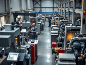 manufacturing floor with employees working at various pieces of equipment.