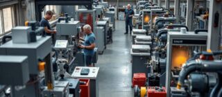 manufacturing floor with employees working at various pieces of equipment.