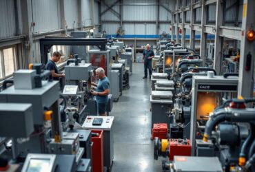 manufacturing floor with employees working at various pieces of equipment.