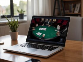 laptop displaying a game of poker.