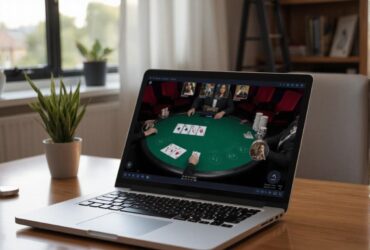 laptop displaying a game of poker.