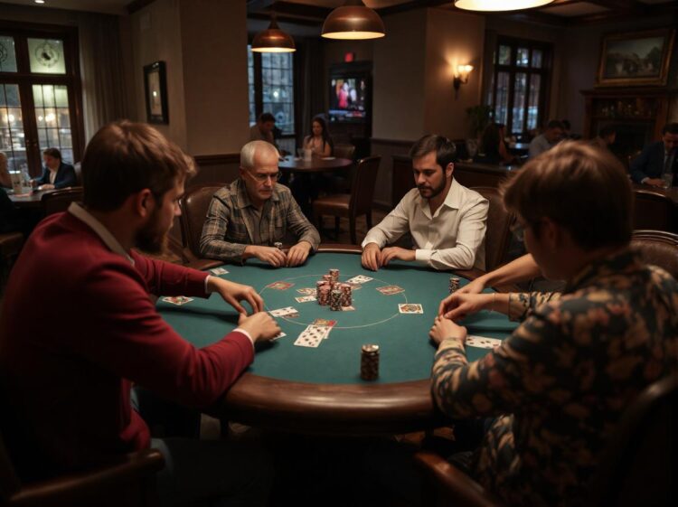 Group of friends playing poker in a bar.