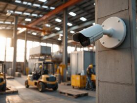 security camera mounted on wall.