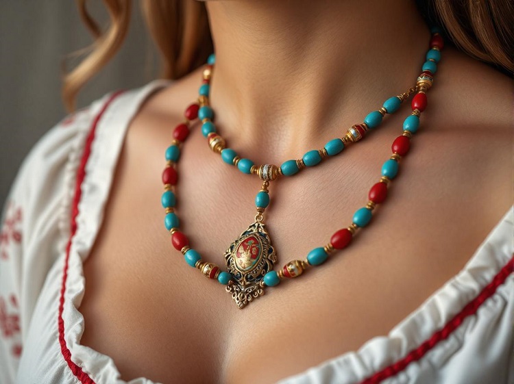 Folk-style necklace on a woman.