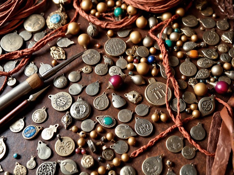 Table with pendants and tools for making folk jewelry.