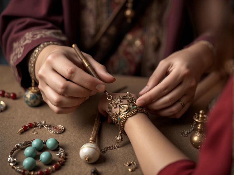 A woman customizing a folk-style bracelet on another woman's wrist.