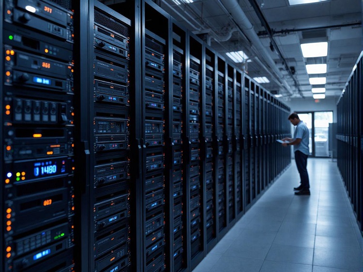 a man checking on a server inside of a large server room.