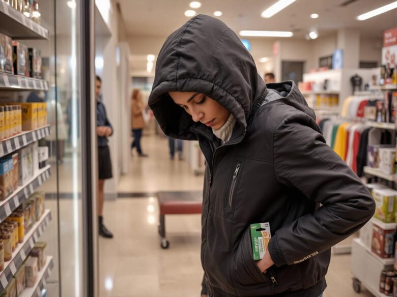 woman shoplifting in a department store.