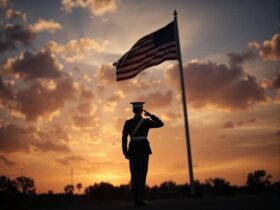 marine in uniform, saluting the American flag at sunrise.