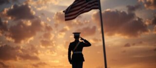 marine in uniform, saluting the American flag at sunrise.