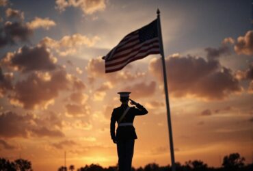 marine in uniform, saluting the American flag at sunrise.