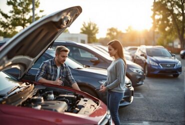 a young couple looking at a used car.