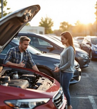 a young couple looking at a used car.