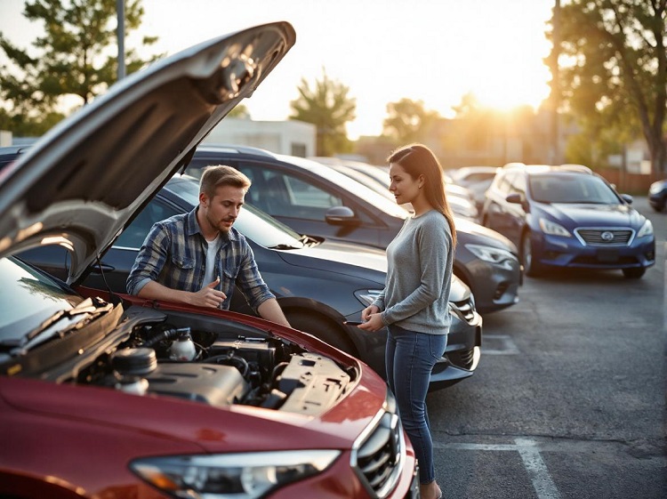 a young couple looking at a used car.