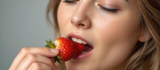 a woman eating a strawberry and loving it.