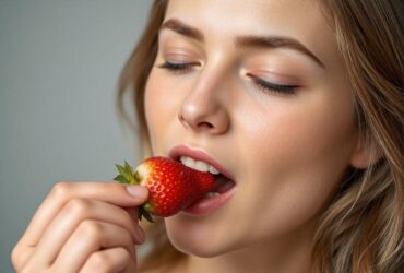 a woman eating a strawberry and loving it.