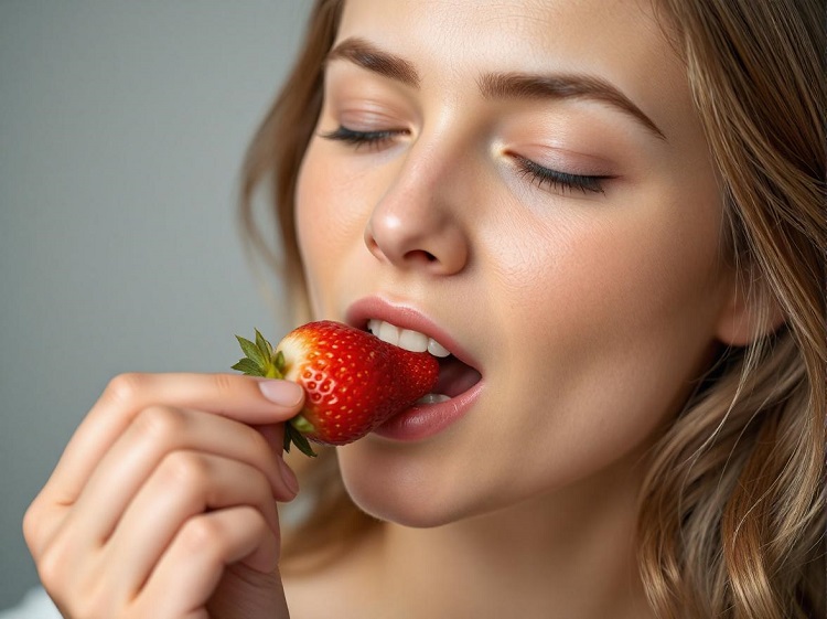 a woman eating a strawberry and loving it.