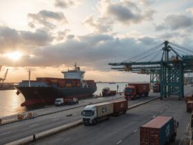 cargo ship docked at port.