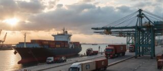 cargo ship docked at port.