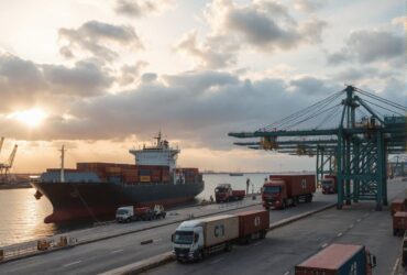 cargo ship docked at port.