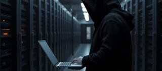 hacker on a laptop in a server room.