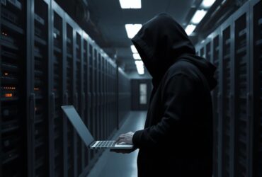 hacker on a laptop in a server room.