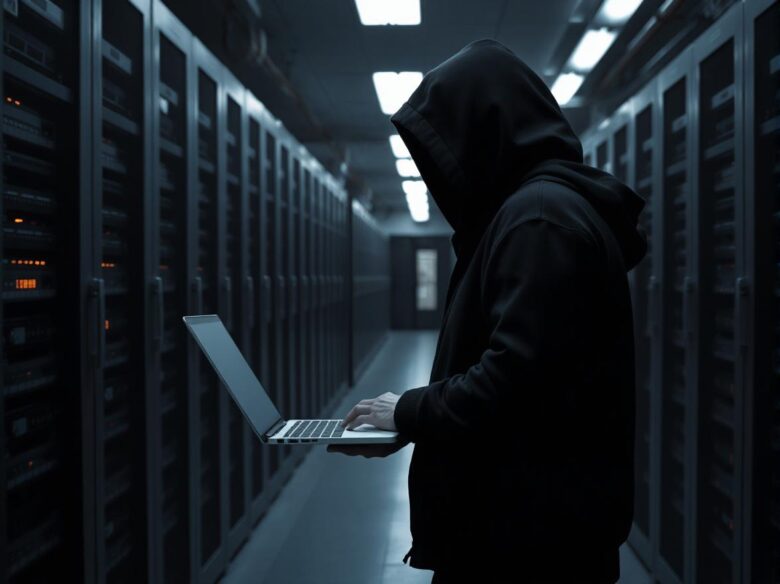 hacker on a laptop in a server room.